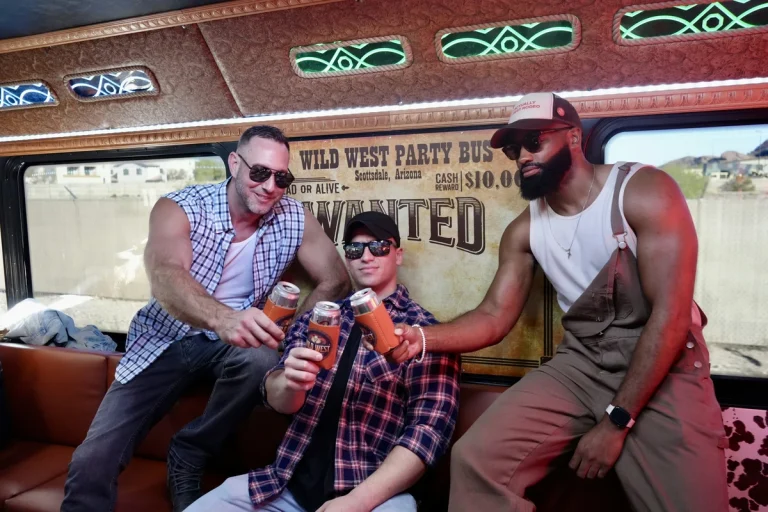 men on a paty bus